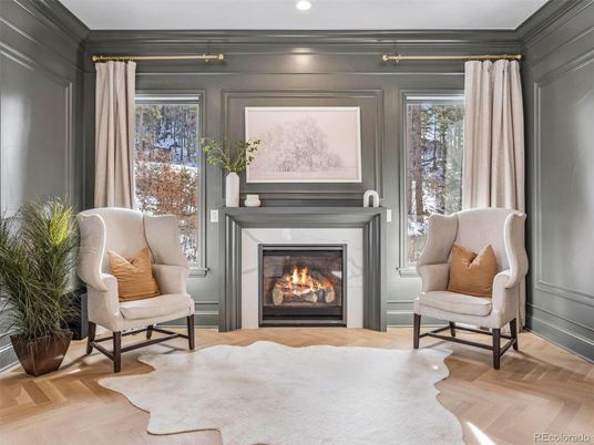 Fireplace, Interior, Recessed Lighting, Wood Texture Flooring