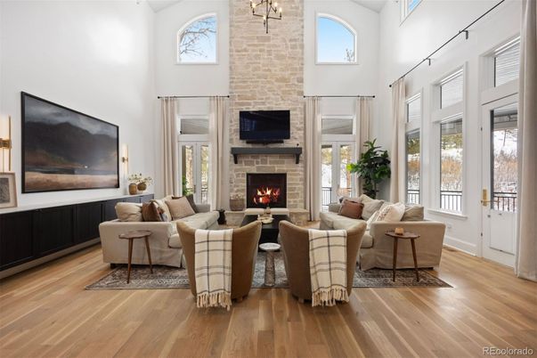 Fireplace, Interior, Living room, Pendant Lights, Stone Walls, Wood Texture Flooring