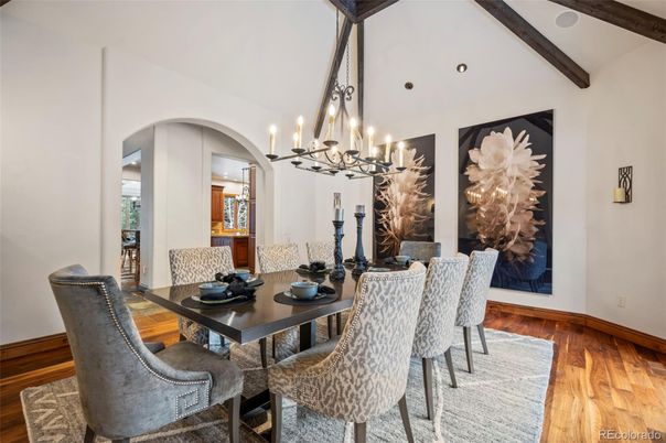 Chandelier, Dining room, Interior, Recessed Lighting, Wooden Beams, Wood Texture Flooring