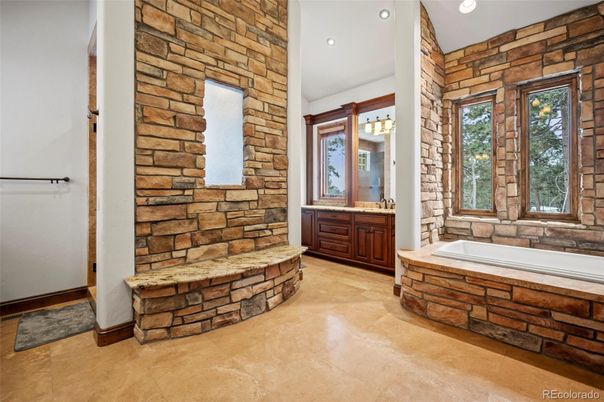 Bathroom, Interior, Recessed Lighting, Stone Walls