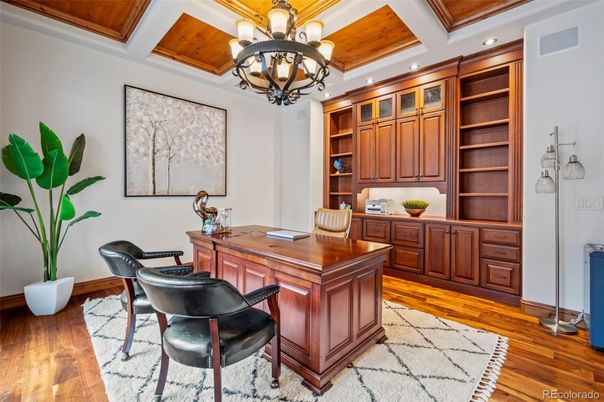 Chandelier, Home Office, Interior, Recessed Lighting, Wooden Beams, Wooden Ceilings, Wood Texture Flooring