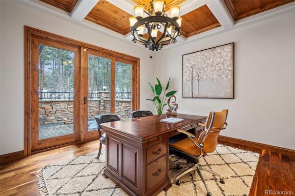 Chandelier, Home Office, Interior, Wooden Beams, Wooden Ceilings, Wood Texture Flooring