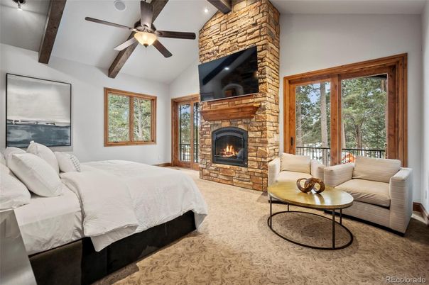 Bedroom, Fireplace, Interior, Recessed Lighting, Wooden Beams