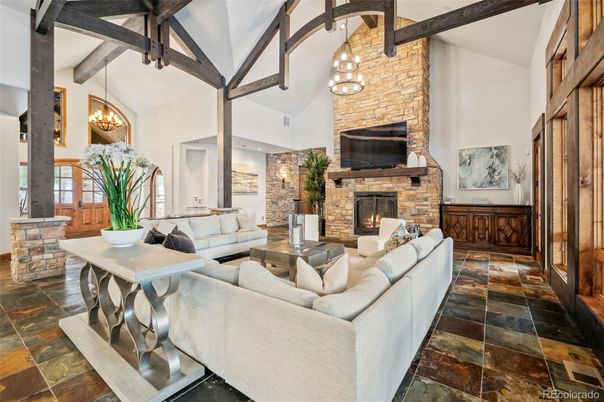 Fireplace, Interior, Living room, Pendant Lights, Stone Walls, Wooden Beams