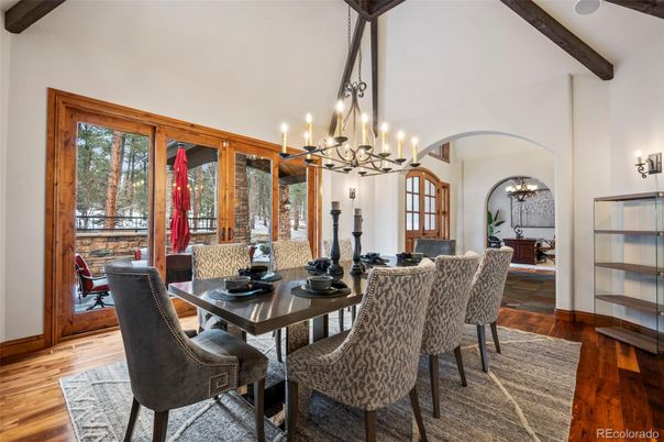 Chandelier, Dining room, Interior, Pendant Lights, Wooden Beams, Wood Texture Flooring