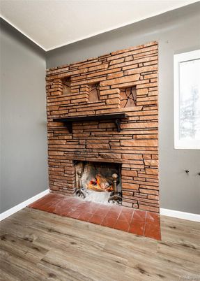 Empty room, Fireplace, Interior, Stone Walls, Wood Texture Flooring