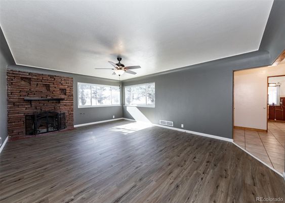 Empty room, Fireplace, Interior, Stone Walls, Wood Texture Flooring