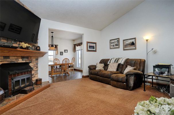 Dining room, Fireplace, Interior, Living room, Pendant Lights, Wood Texture Flooring