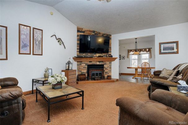 Dining room, Fireplace, Interior, Living room, Pendant Lights, Wood Texture Flooring