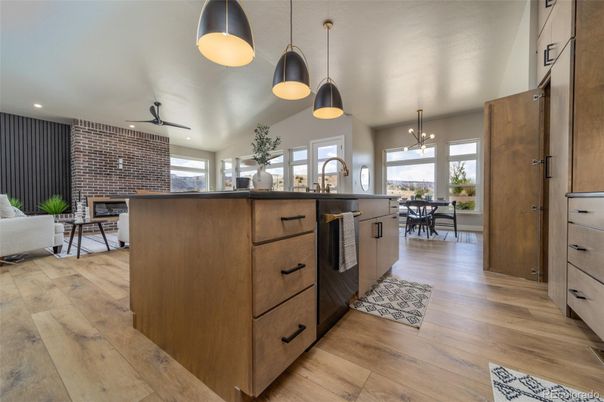 Dining room, Interior, Kitchen, Pendant Lights, Recessed Lighting, Wood Texture Flooring