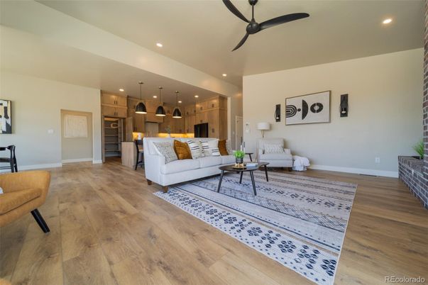 Interior, Kitchen, Living room, Pendant Lights, Recessed Lighting, Stainless Steel Appliances, Wood Texture Flooring