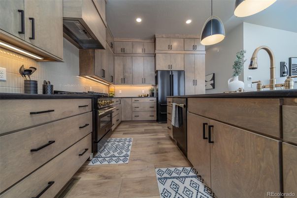 Interior, Kitchen, Pendant Lights, Recessed Lighting, Stainless Steel Appliances, Wood Texture Flooring
