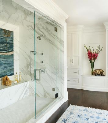 Bathroom, Glass Shower, Interior, Marble Walls, Wood Texture Flooring