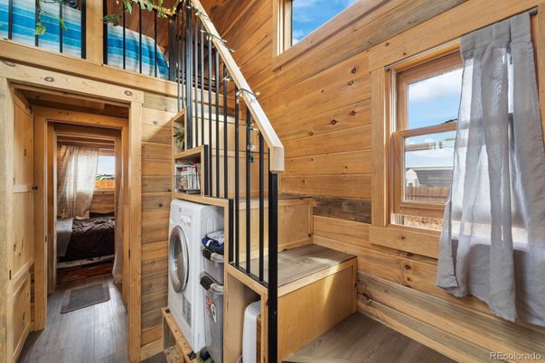 Interior, Washer, Wood Texture Flooring, Wooden Walls