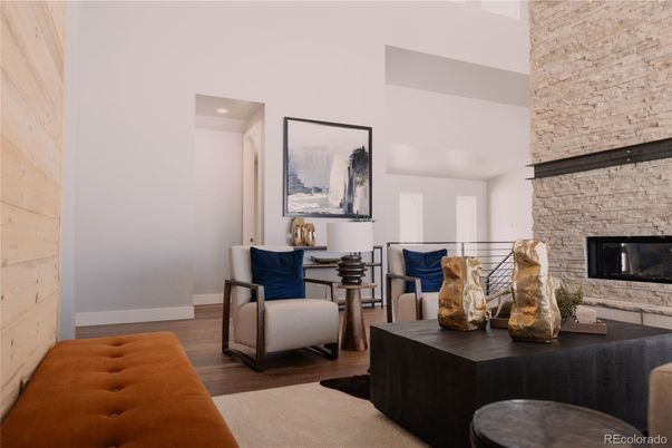 Fireplace, Interior, Living room, Stone Walls, Wood Texture Flooring