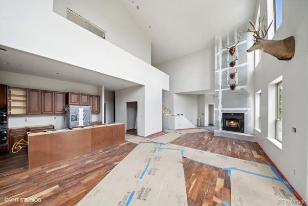 Fireplace, Interior, Kitchen, Recessed Lighting, Wood Texture Flooring