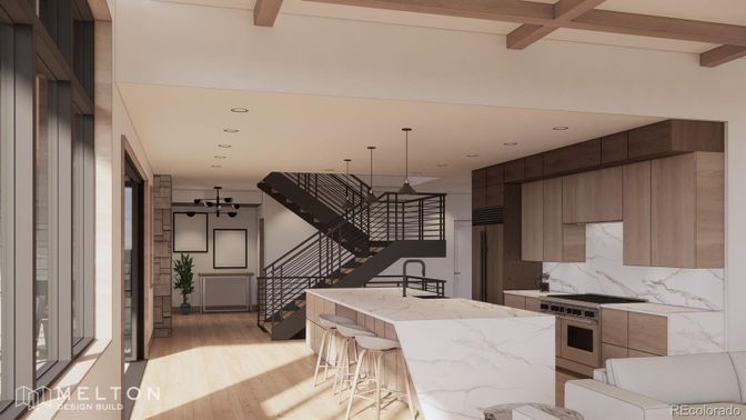 Interior, Kitchen, Pendant Lights, Recessed Lighting, Stainless Steel Appliances, Wooden Beams, Wood Texture Flooring