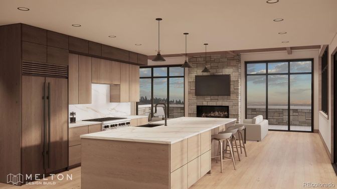Fireplace, Interior, Kitchen, Pendant Lights, Recessed Lighting, Stone Walls, Wood Texture Flooring