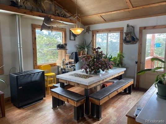 Dining room, Interior, Pendant Lights, Wooden Beams, Wood Texture Flooring