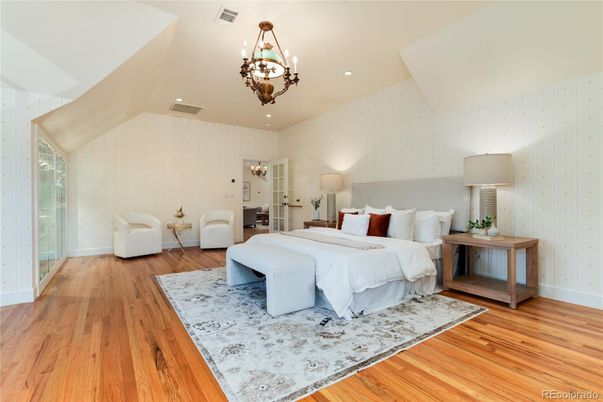 Bedroom, Chandelier, Interior, Recessed Lighting, Wood Texture Flooring