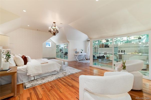 Bedroom, Chandelier, Interior, Recessed Lighting, Wood Texture Flooring