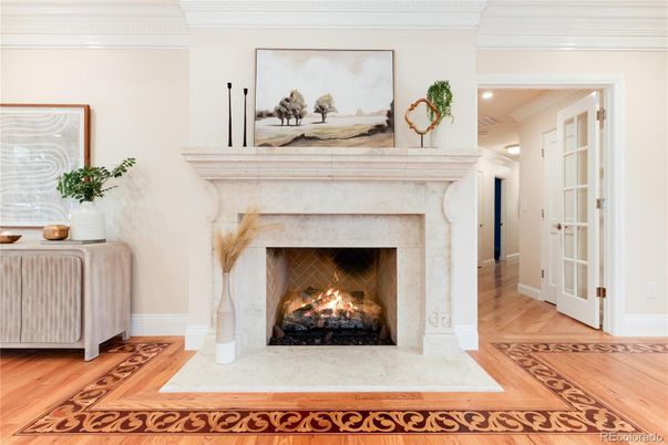 Fireplace, Interior, Recessed Lighting, Wood Texture Flooring