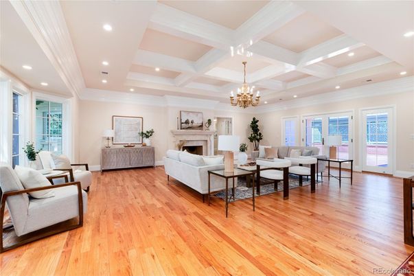 Chandelier, Fireplace, Interior, Living room, Recessed Lighting, Wood Texture Flooring