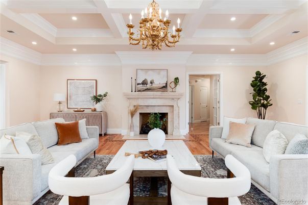 Chandelier, Fireplace, Interior, Living room, Recessed Lighting, Wood Texture Flooring
