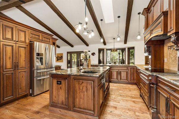 Interior, Kitchen, Pendant Lights, Stainless Steel Appliances, Wooden Beams, Wood Texture Flooring