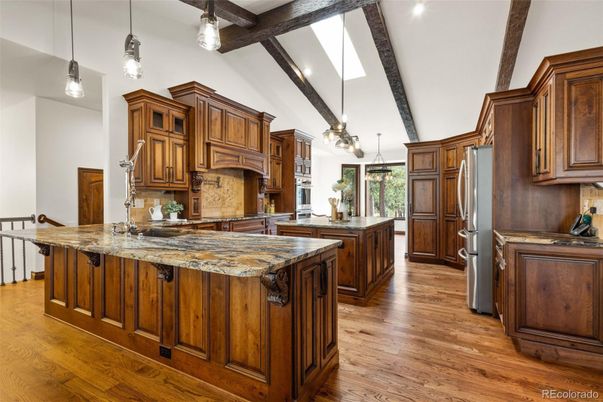 Interior, Kitchen, Pendant Lights, Recessed Lighting, Wooden Beams, Wood Texture Flooring