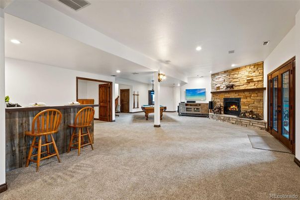Billiard Table, Fireplace, Game Room, Interior, Recessed Lighting, Stone Walls