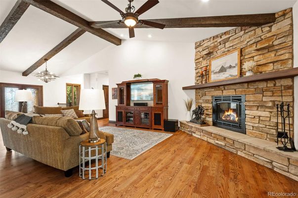 Fireplace, Interior, Living room, Recessed Lighting, Stone Walls, Wooden Beams, Wood Texture Flooring