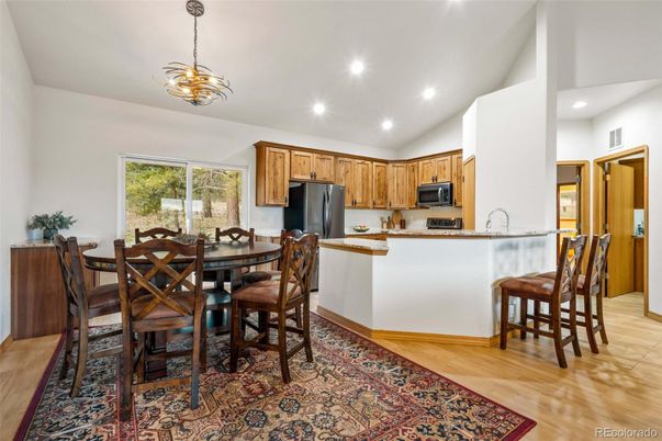 Dining room, Interior, Kitchen, Pendant Lights, Recessed Lighting, Wood Texture Flooring