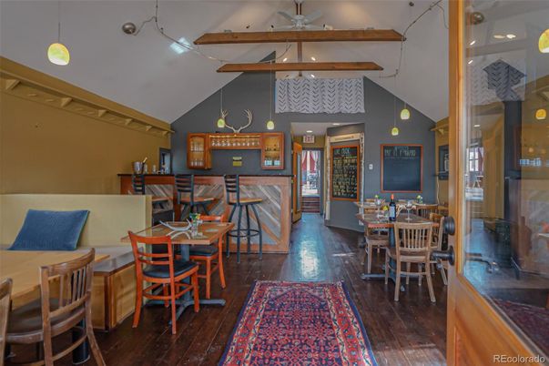 Dining room, Interior, Pendant Lights, Wooden Beams, Wood Texture Flooring