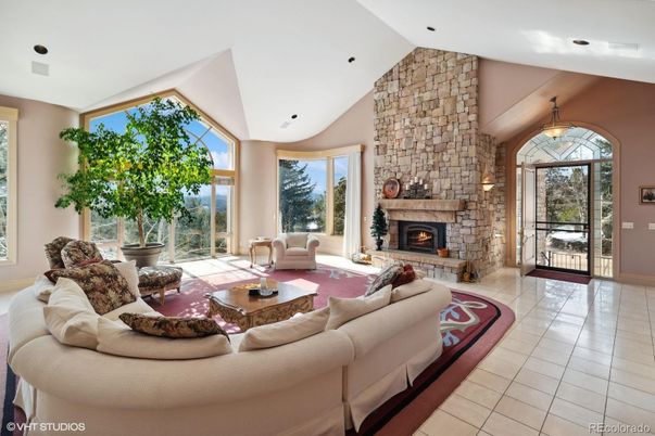Fireplace, Interior, Living room, Pendant Lights, Recessed Lighting, Stone Walls