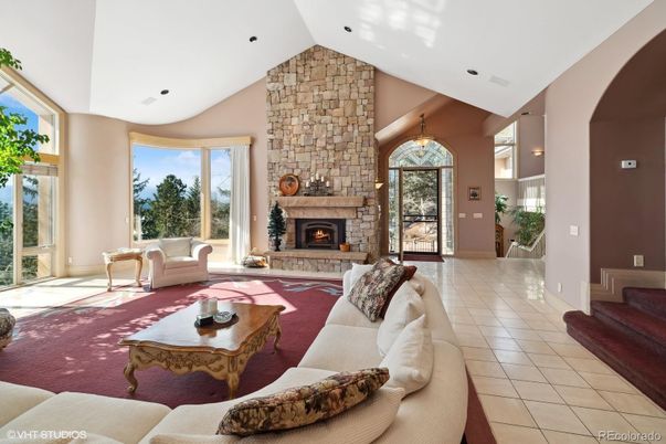 Fireplace, Interior, Living room, Pendant Lights, Recessed Lighting, Stone Walls