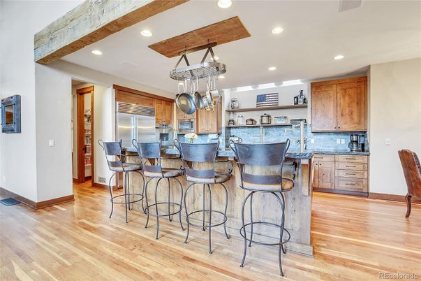Interior, Kitchen, Pendant Lights, Recessed Lighting, Stainless Steel Appliances, Wooden Beams, Wood Texture Flooring