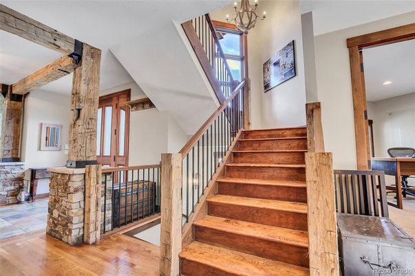 Chandelier, Interior, Recessed Lighting, Wooden Beams, Wood Texture Flooring