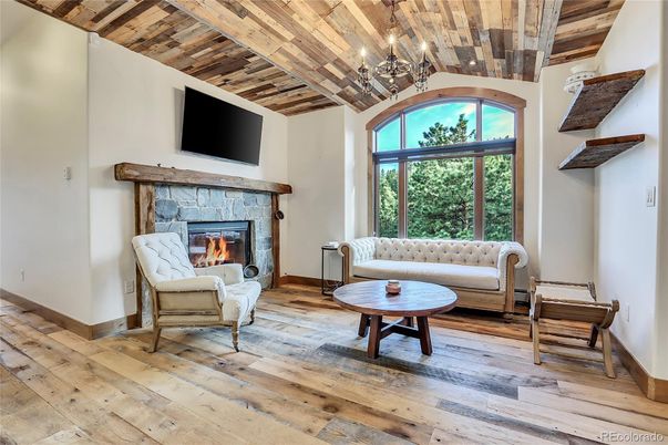 Chandelier, Fireplace, Interior, Wooden Ceilings, Wood Texture Flooring
