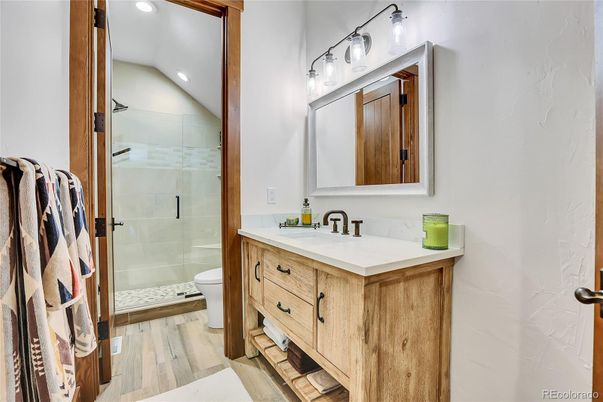 Bathroom, Glass Shower, Interior, Recessed Lighting, Wood Texture Flooring
