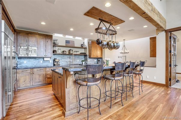Dining room, Interior, Kitchen, Pendant Lights, Recessed Lighting, Wooden Beams, Wood Texture Flooring
