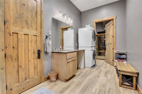 Bathroom, Interior, Washer, Wood Texture Flooring