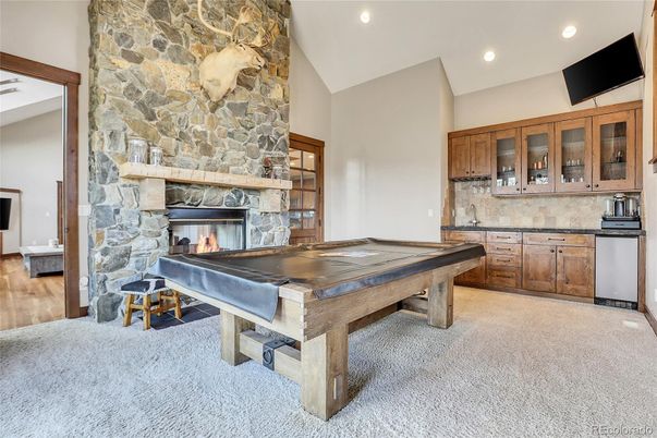 Billiard Table, Fireplace, Game Room, Interior, Recessed Lighting, Stone Walls