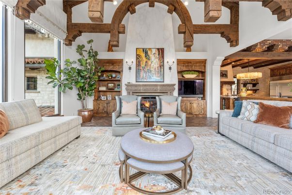 Chandelier, Fireplace, Interior, Living room, Pendant Lights, Wooden Beams, Wood Texture Flooring