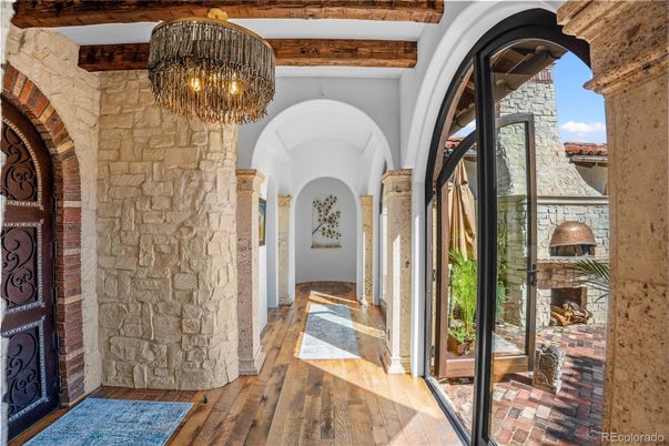 Chandelier, Interior, Stone Walls, Wooden Beams, Wood Texture Flooring