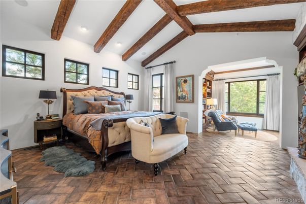 Bedroom, Interior, Recessed Lighting, Wooden Beams, Wood Texture Flooring