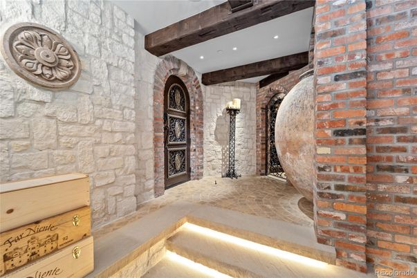 Interior, Recessed Lighting, Stone Walls, Wooden Beams