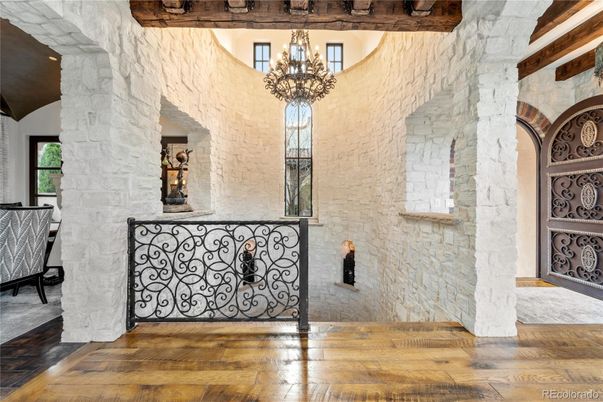 Chandelier, Interior, Stone Walls, Wood Texture Flooring