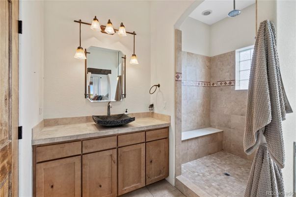 Bathroom, Dual Sink Vanities, Interior, Pendant Lights, Tile Countertops