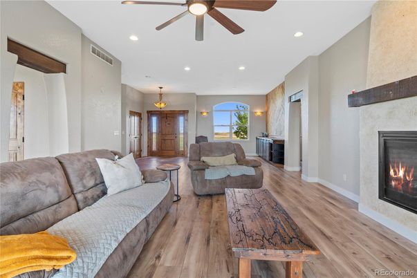 Fireplace, Interior, Living room, Pendant Lights, Recessed Lighting, Wood Texture Flooring